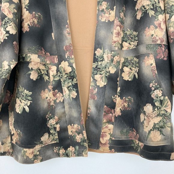 Solitaire Brown Faux Suede Floral Open Front Jacket Size M Duster Kimono - Picture 4 of 9